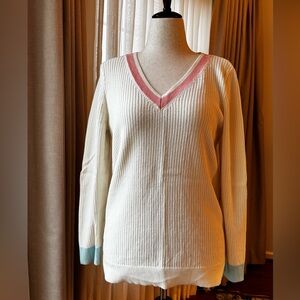 Talbots V-Neck Sweater in Cream, Pink, and Blue